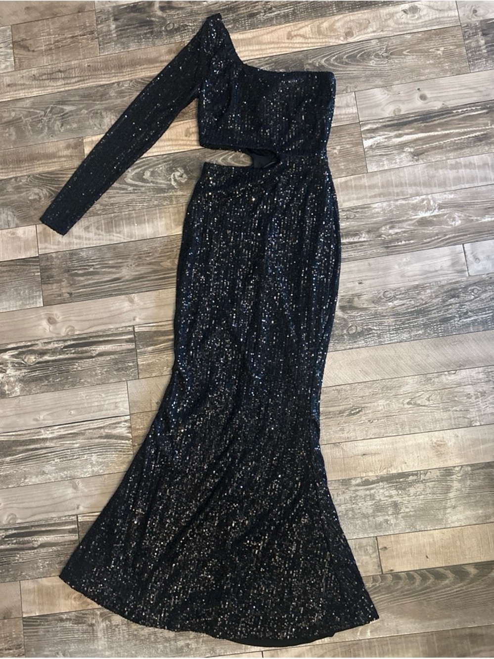 Windsor Black One-Shoulder Sequin Cutout Gown